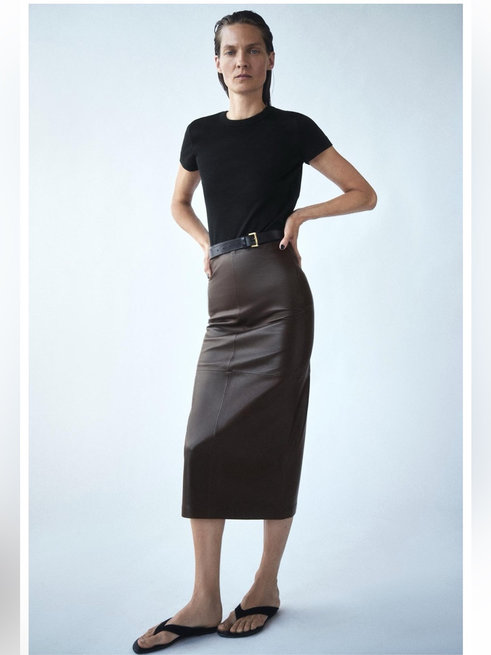 ZARA ZW COLLECTION 100% LEATHER MIDI SKIRT SIZE XS - Picture 4 of 8